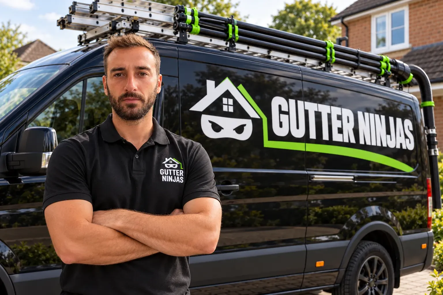 Armand in a Gutter Ninjas polo in front of the branded van