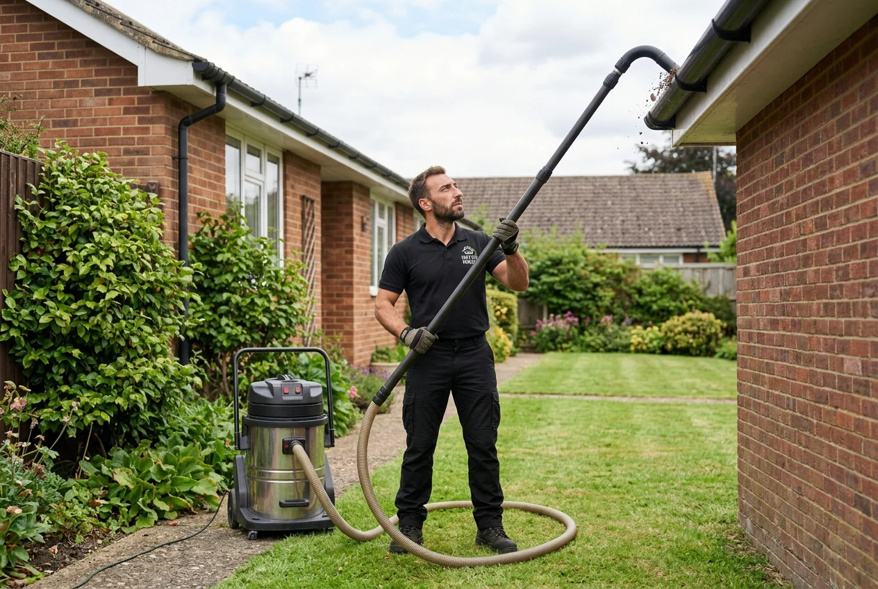 Promotional image of Armand clearing a gutter with a vacuum pole