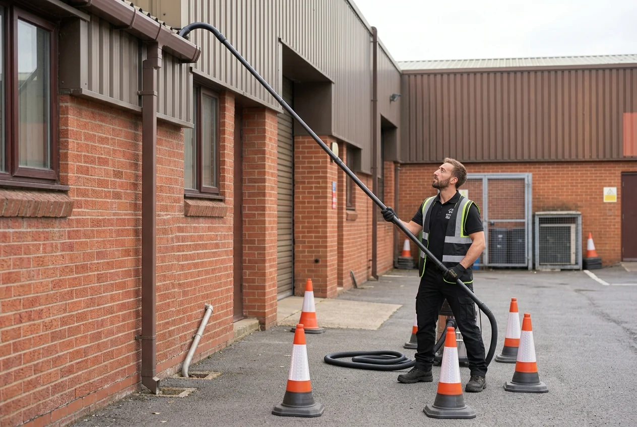 Promotional image of Armand vacuuming guttering at a commercial property