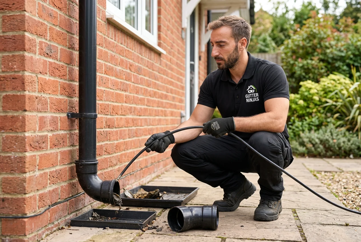 Promotional image of Armand clearing a blocked downpipe