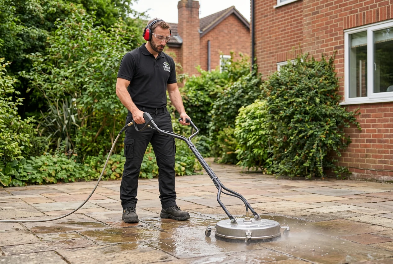 Promotional image of Armand cleaning a patio with a rotary surface cleaner