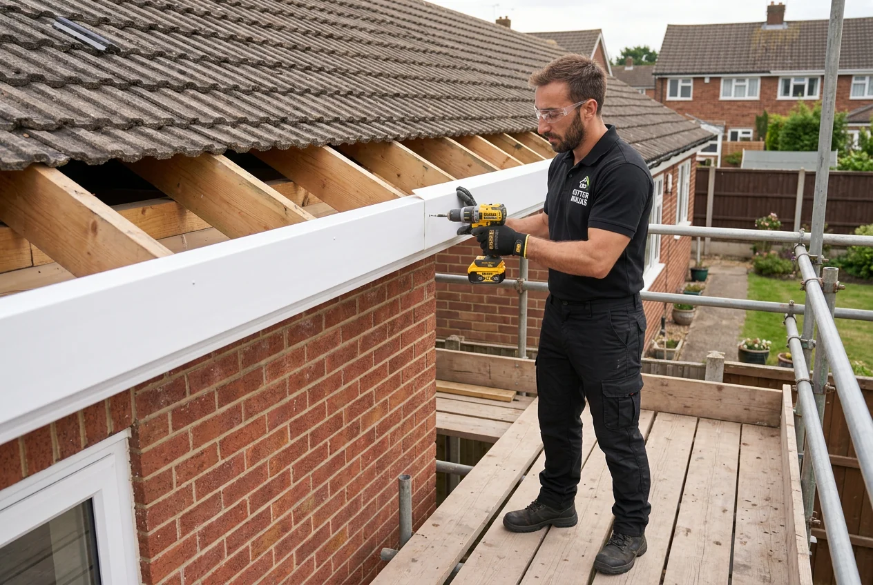 Promotional image of Armand replacing a fascia board from a scaffold platform